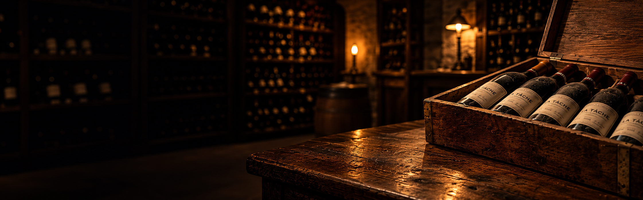 An open wooden case of La Tâche on a rustic table in a lamplit cellar