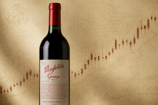 Penfolds Grange bottle against a rising auction-price chart