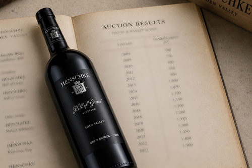 Henschke Hill of Grace bottle on a ledger of auction results