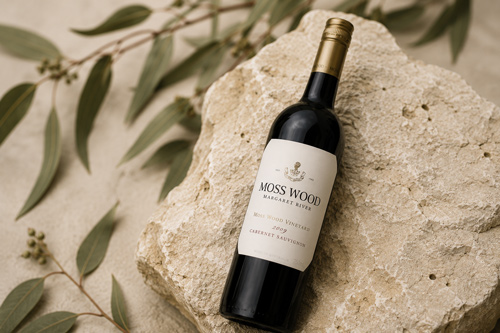 Moss Wood Cabernet Sauvignon bottle on a Margaret River stone with eucalyptus leaves