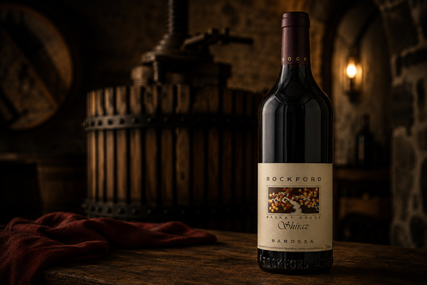 Rockford Basket Press Shiraz bottle in a candle-lit Barossa cellar